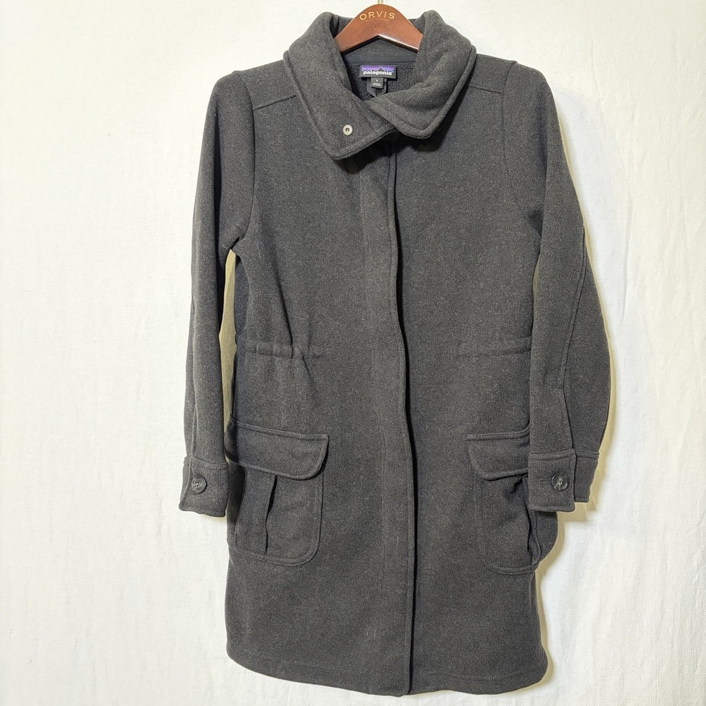 Patagonia Women's Long Black Better Sweater Coat Sz S Fleece Lined Zip & Snap‎